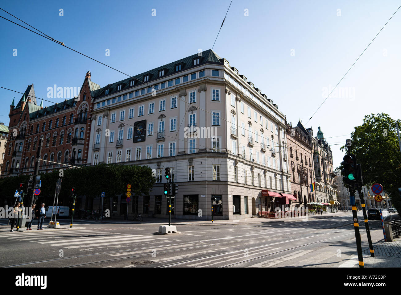 Bâtiment de l'hôtel qui était l'ancienne banque célèbre pour le vol Norrmalmstorg qui ont conduit à la phrase Norrmalmstorgssyndromet ou "syndrome de Stockholm". Banque D'Images