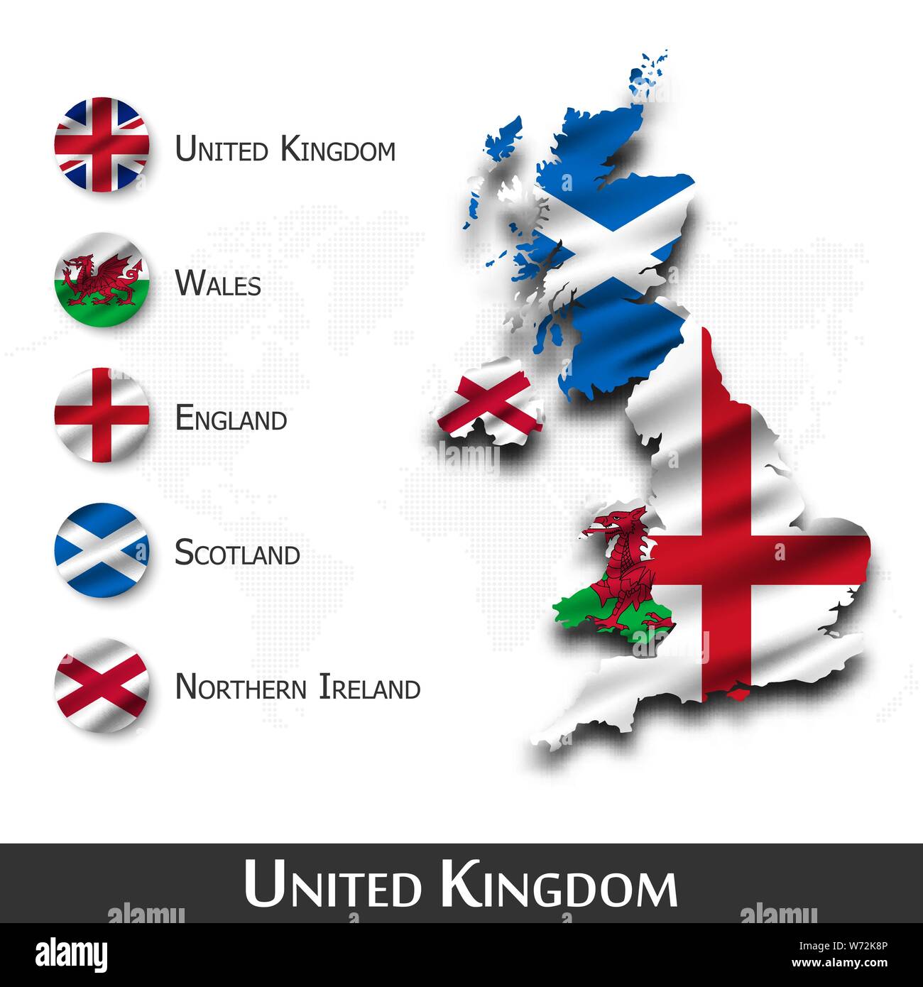 Royaume-uni de Grande-Bretagne la carte et drapeau ( Ecosse . L'Irlande du Nord . Pays de Galles . L'Angleterre ) . Forme design textile . Dot world map background . Ve Illustration de Vecteur