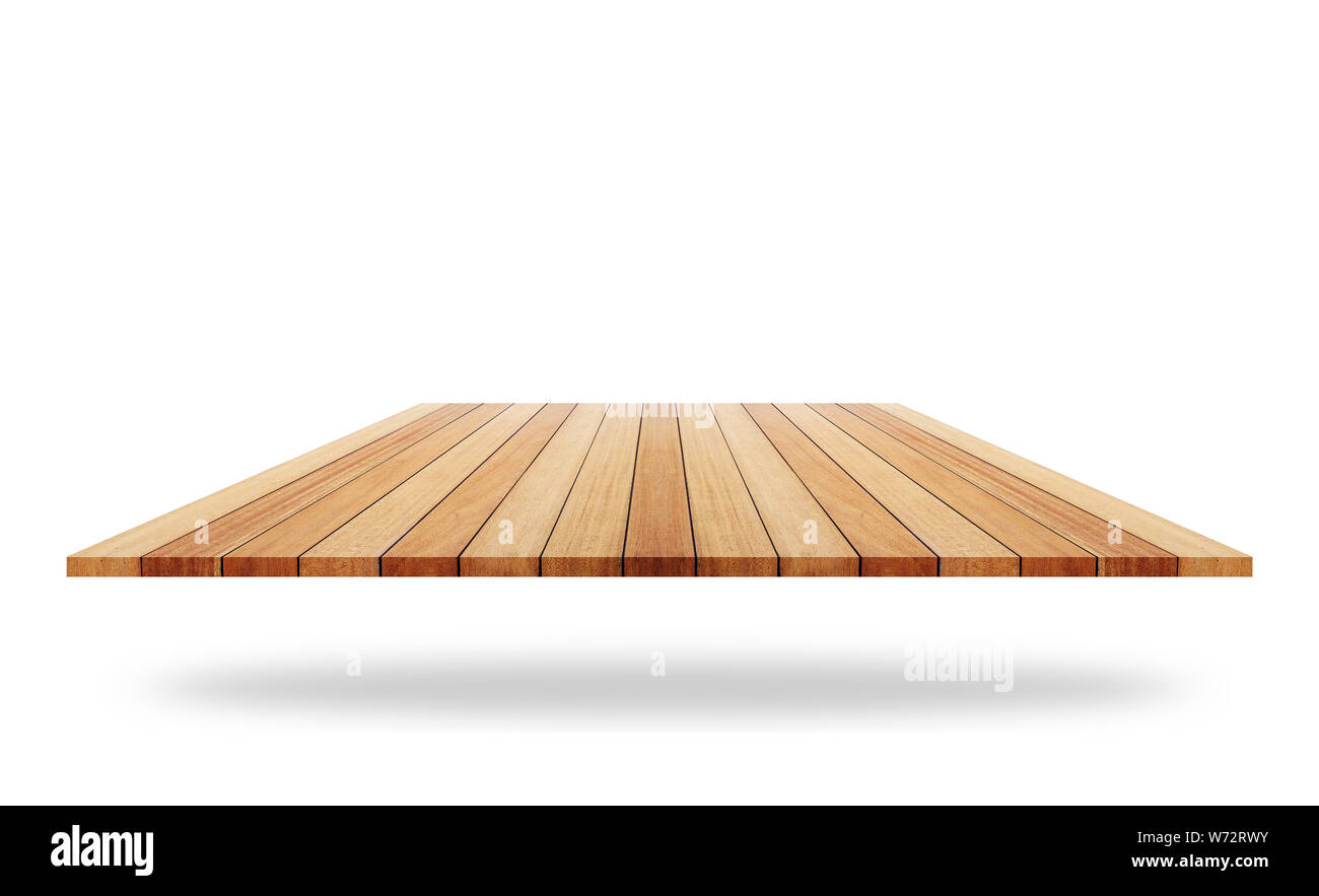 Vide haut de planche en bois ou un comptoir isolé sur fond blanc. Enregistré avec chemin de détourage. Montage photo ou pour l'affichage des produits Banque D'Images