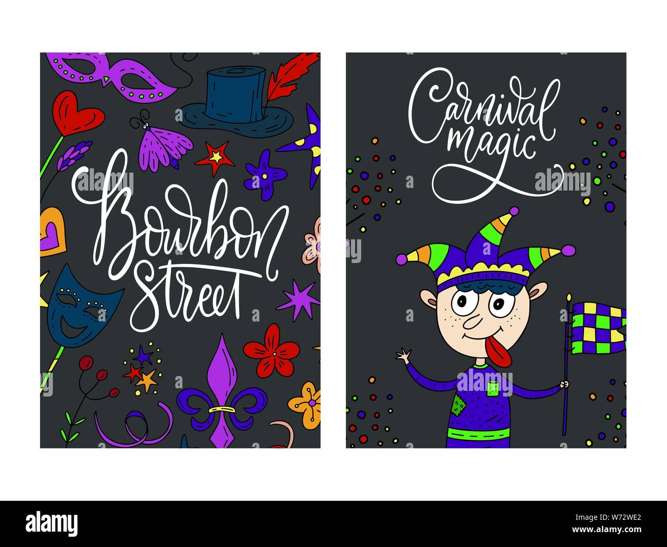 Parti Mardi gras illustrations vectorielles. Cartes de carnaval avec doodle illustration et le lettrage citation. Bourbon street. Jester boy poster. Illustration de Vecteur