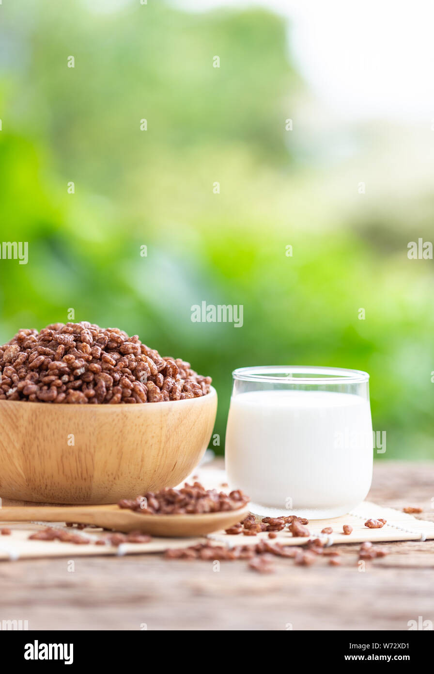 Céréales Petit déjeuner, riz soufflé au cacao dans un bol et verre de lait sur la table en bois avec espace vert pour l'arrière-plan flou texte ou dessin. Concept alimentaire Banque D'Images