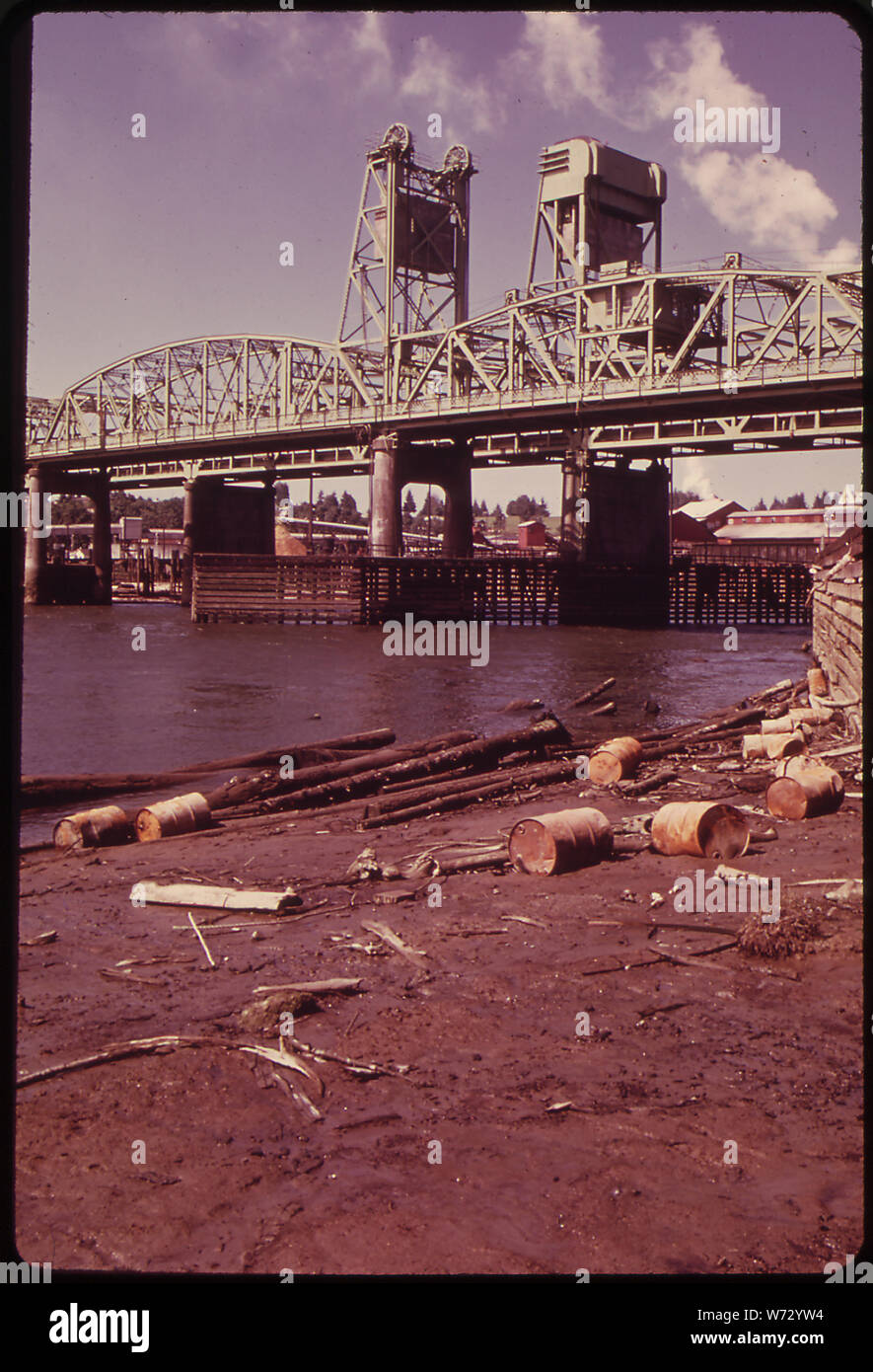 Fûts de 55 gallons, qui avaient été jetés dans la rivière Snohomish, se trouvent exposés à marée basse dans la zone intertidale de la rivière à Everett, État de Washington. Banque D'Images