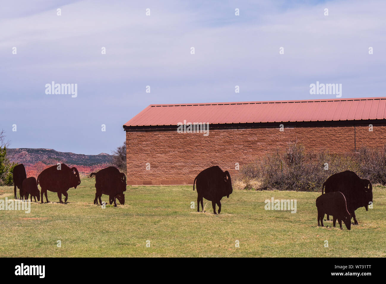 Sculptures de bisons à deux dimensions, Centre d'interprétation, roche couverture Canyons State Park, Quitaque, Texas. Banque D'Images