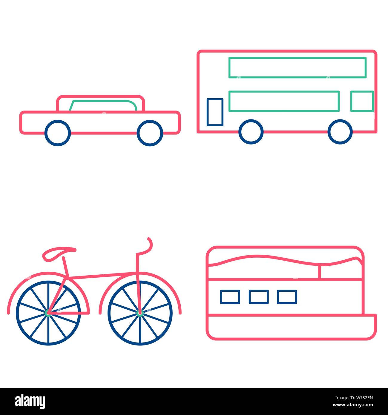 Contours d'icônes dans coral laisser la couleur. Voiture, bus, bateau et vélo Illustration de Vecteur