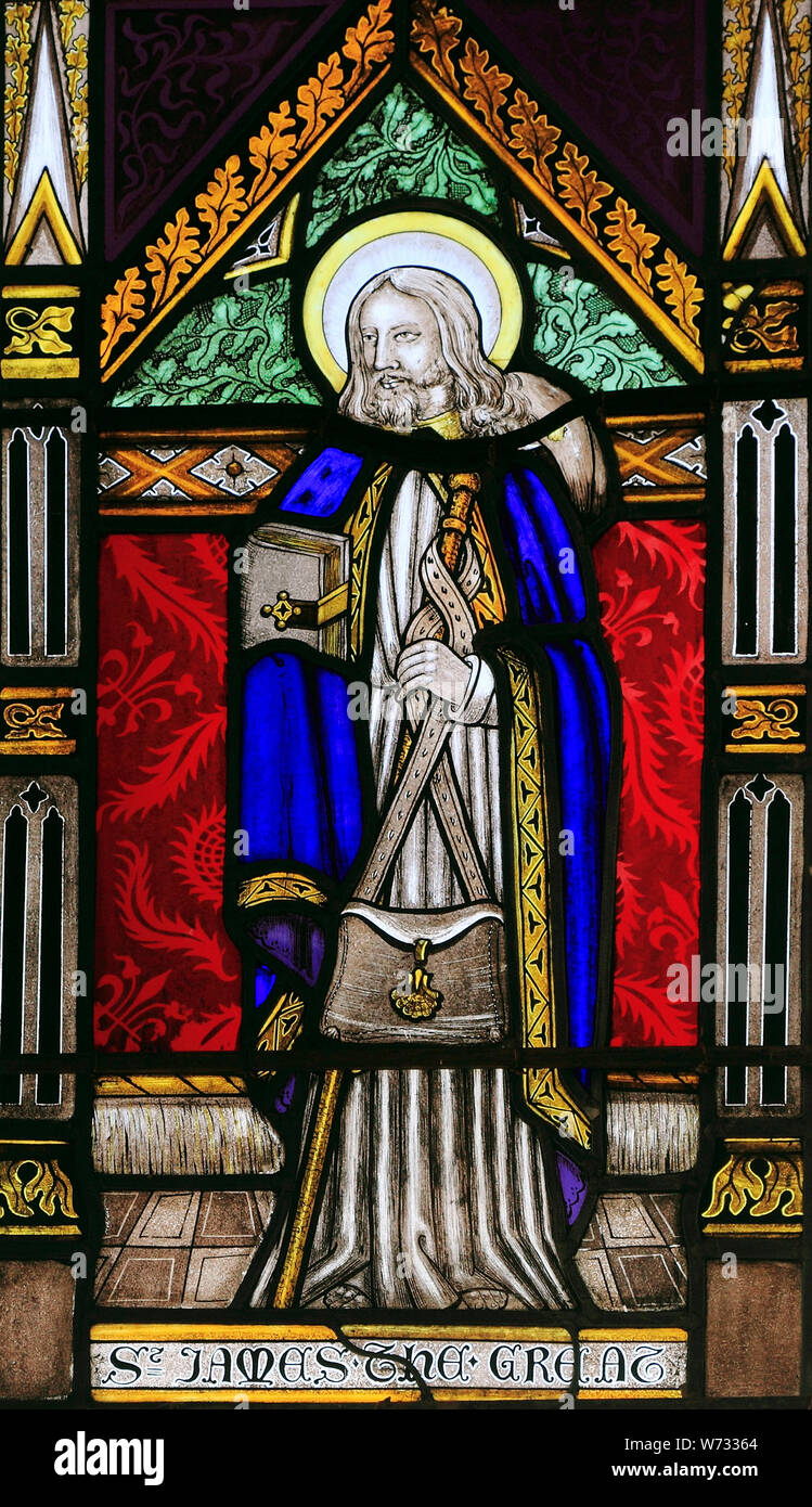 Saint Jacques le Grand, plus personnel, Pilgrim, vitrail, Saint Patron de l'Espagne, par Joseph Grant de Wymondham, 1856, Wighton, Norfolk Banque D'Images