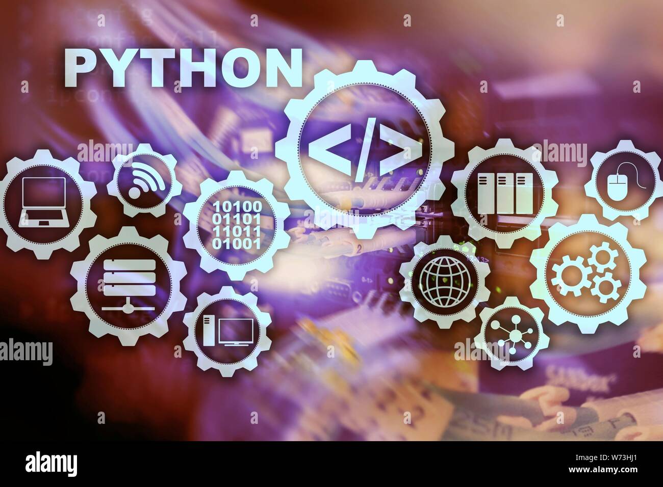Langage de programmation Python sur arrière-plan de la salle serveur. Flux de travail programmation algorithme abstrait concept sur un écran virtuel Banque D'Images