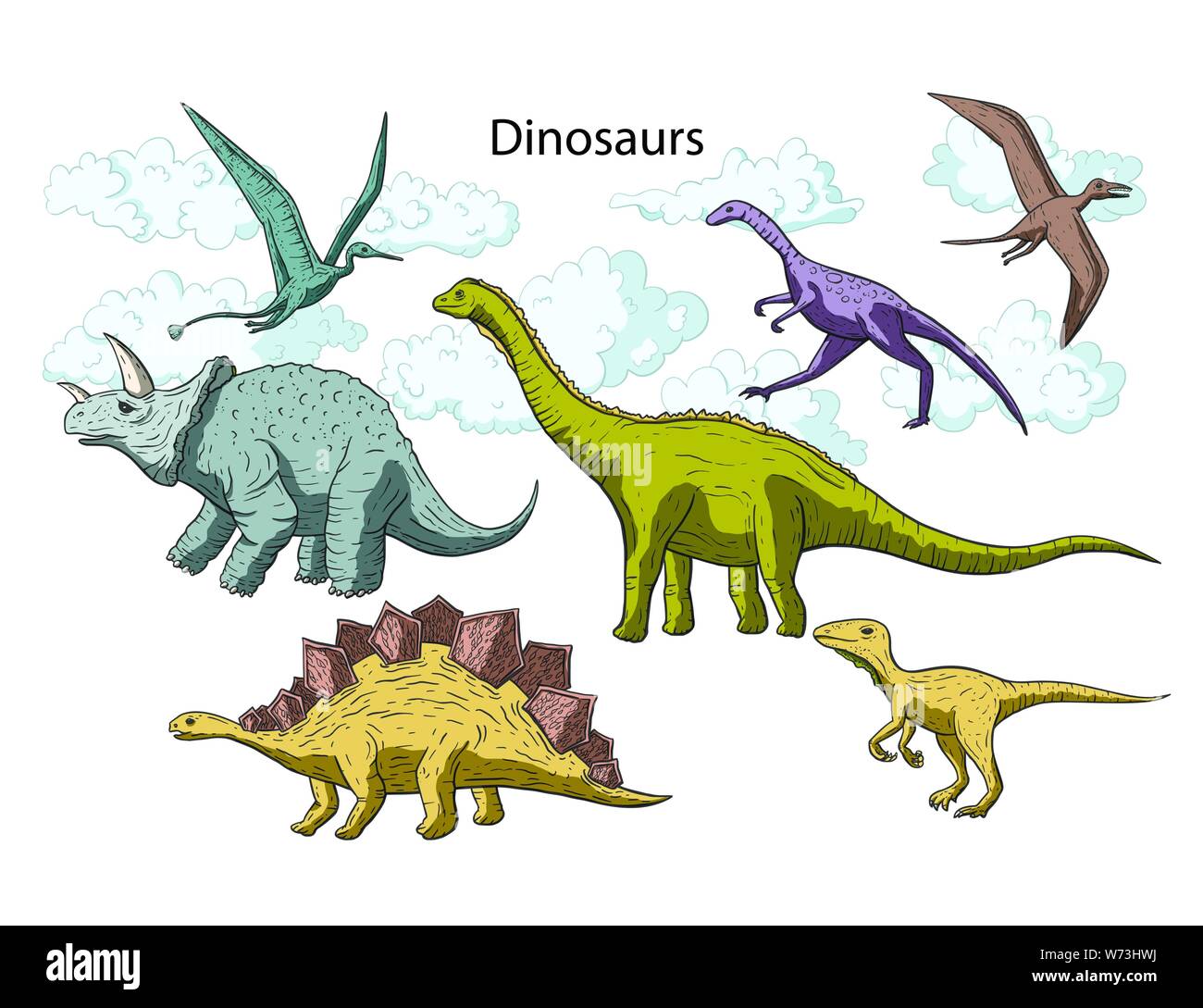 Les espèces de dinosaures. Collection d'animaux du jurassique et du Crétacé. Vecteur préhistorique dino icon set. Illustration de Vecteur