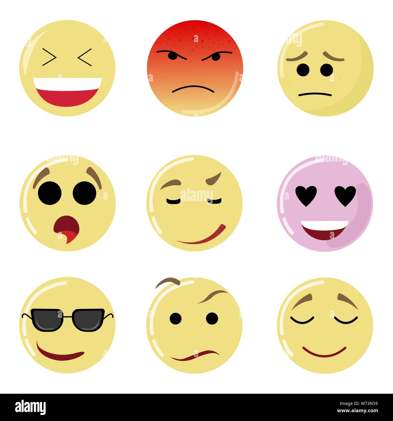 Set face sourire heureux, émotion, émoticône jaune d'expression. Humeur triste, emoji vecteur bonheur du visage, rire, réseau social, message messagerie chat Illustration de Vecteur