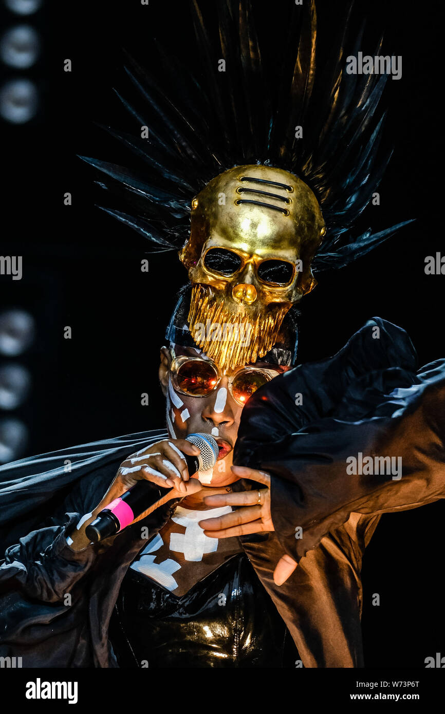 Preston Park, Brighton, Royaume-Uni. 4 août 2019. Grace Jones effectue à BN1 Lovefest , partie de la fierté de Brighton. Grace Jones Beverly JO (né le 19 mai 1948) est un Jamaican-American modèle, chanteuse, auteur-compositeur, producteur, et l'actrice.. Photo par Julie Edwards./Alamy Live News Banque D'Images