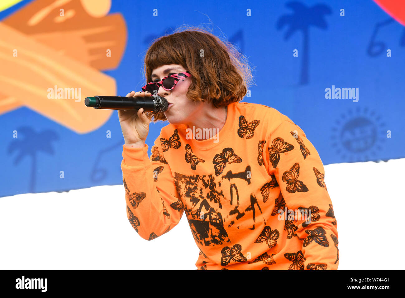 Long Beach, Californie, USA. 3e août 2019. Hannah Hooper de la bande fonctionne à 98,7 Grouplove Alt Camp d'été au Queen Mary à Long Beach le 3 août 2019. Crédit : l'accès Photo/Alamy Live News Banque D'Images