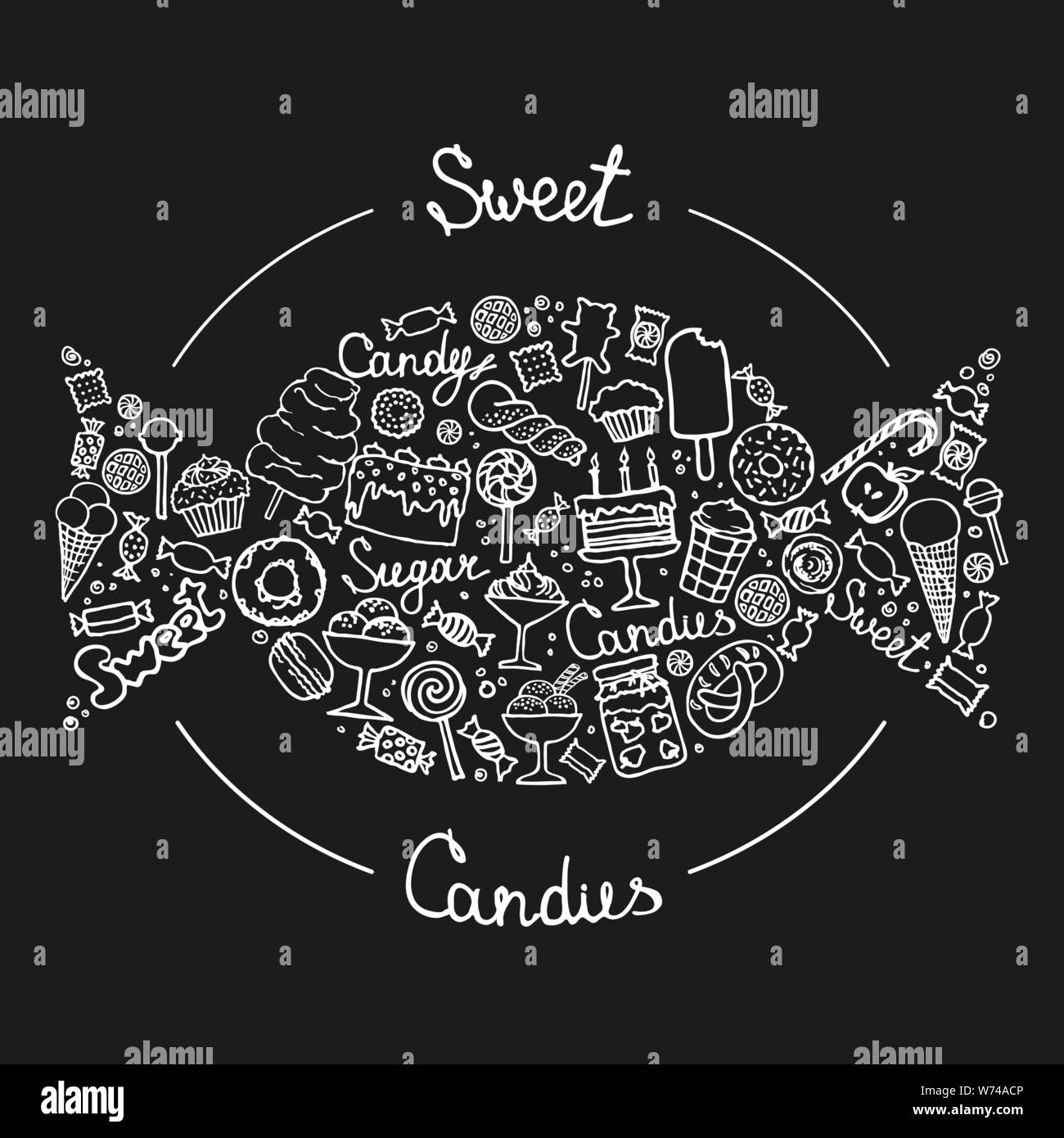 Ensemble de the go, gâteaux, bonbons, glaces et desserts dans doodle style. Hand drawn vector illustrations. Illustration de l'ensemble des bonbons sucrés isolés Illustration de Vecteur