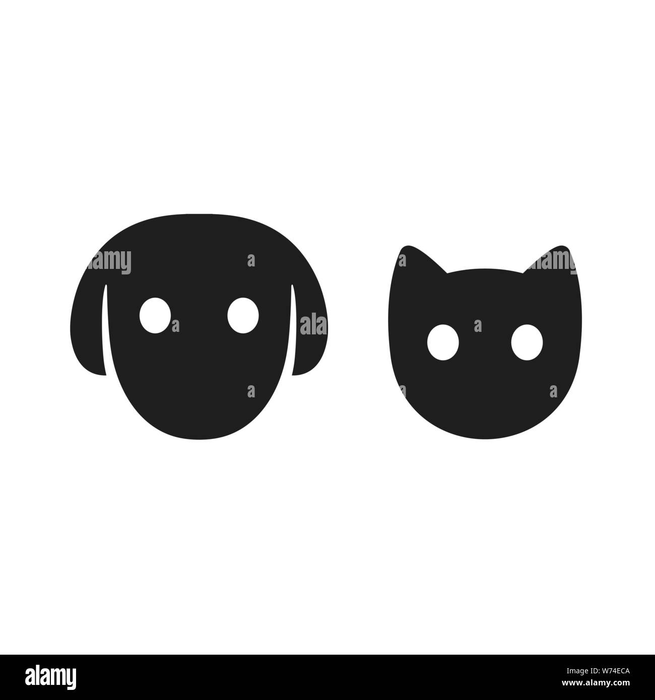 L'icône de tête de chat et de chien. Animaux stylisés pictogramme simple face, silhouette noire avec les yeux. Vector illustration set. Illustration de Vecteur