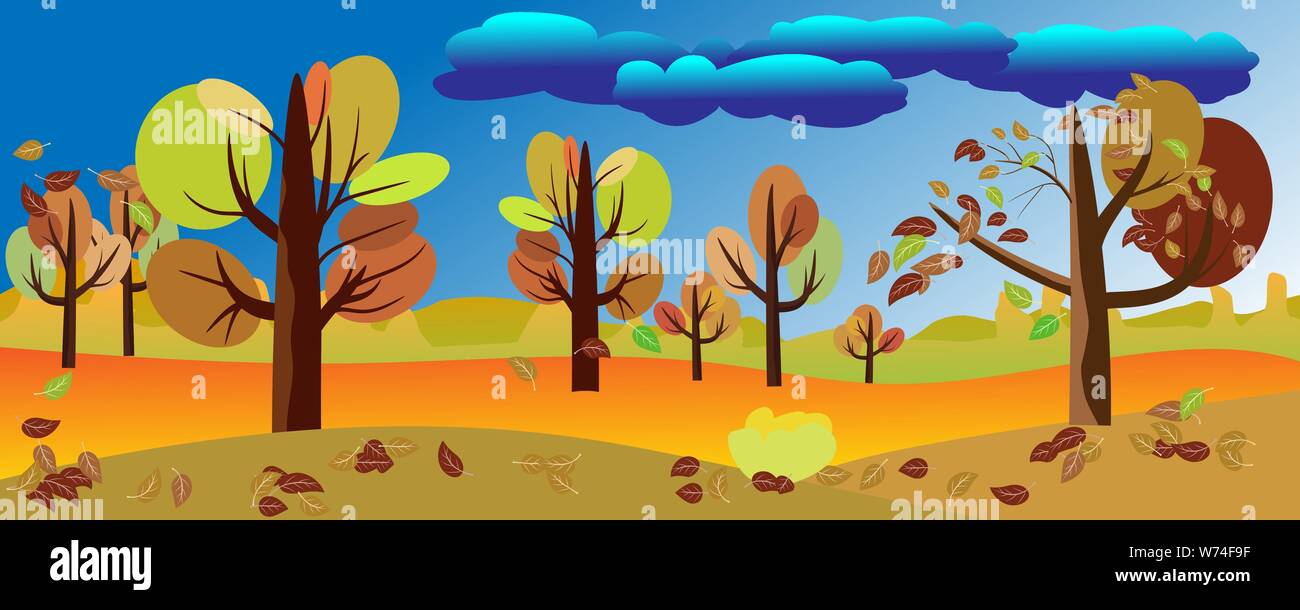 Vue panoramique du paysage en automne, Vector illustration de bannière horizontale de l'automne d'arbres nature paysage beatifull avec rouge, jaune et orange l Illustration de Vecteur