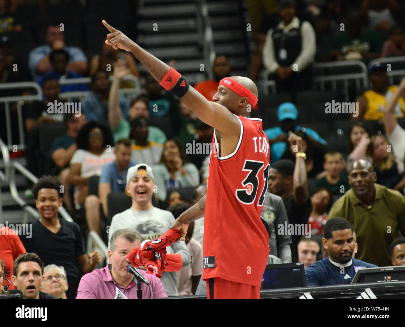 4 août 2019 : Trilogy guard Jason Terry réagit au cours de la grande ligue de basket-ball3 au Forum Fiserv à Milwaukee, Wisconsin. Ricky Bassman/CSM Banque D'Images