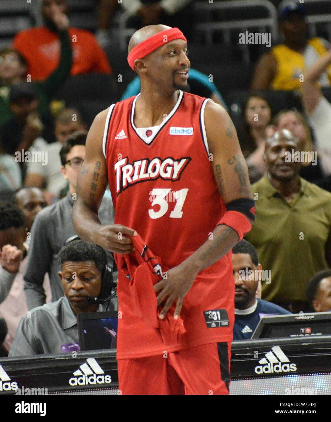 4 août 2019 : Trilogy guard Jason Terry réagit au cours de la grande ligue de basket-ball3 au Forum Fiserv à Milwaukee, Wisconsin. Ricky Bassman/CSM Banque D'Images