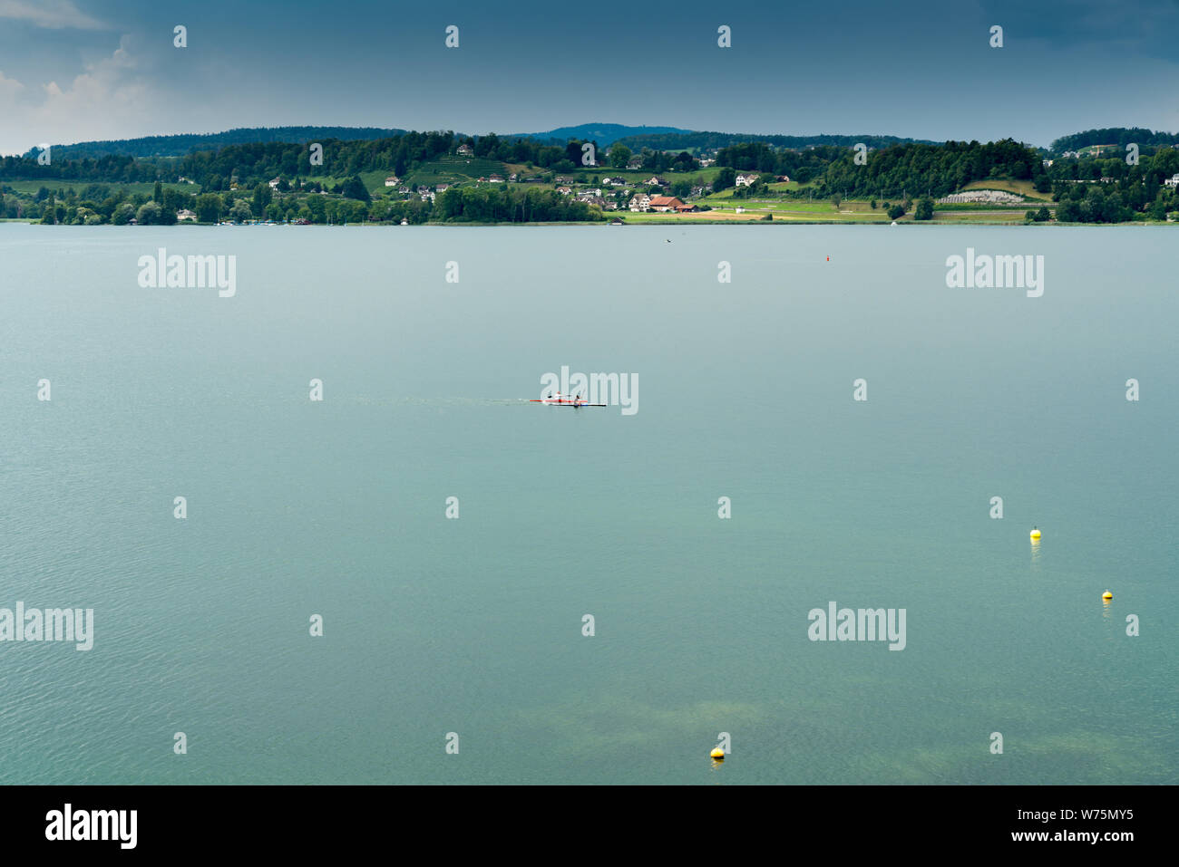 Avis de deux athlètes masculins et la formation de l'aviron sur le lac de Zurich, près de Rapperswil un jour d'été Banque D'Images