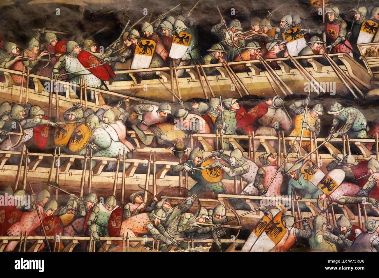 Fresque médiévale d'une bataille navale dans le Palazzo Pubblico de Sienne Banque D'Images