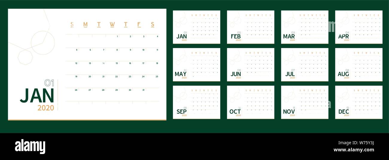 Vector 2020 nouveau modèle de planification d'agenda de l'année dans le tableau minimes simple style couleur vert et or, de l'écologie Maison de vacances event planner,semaine commence le dimanche.12 Illustration de Vecteur