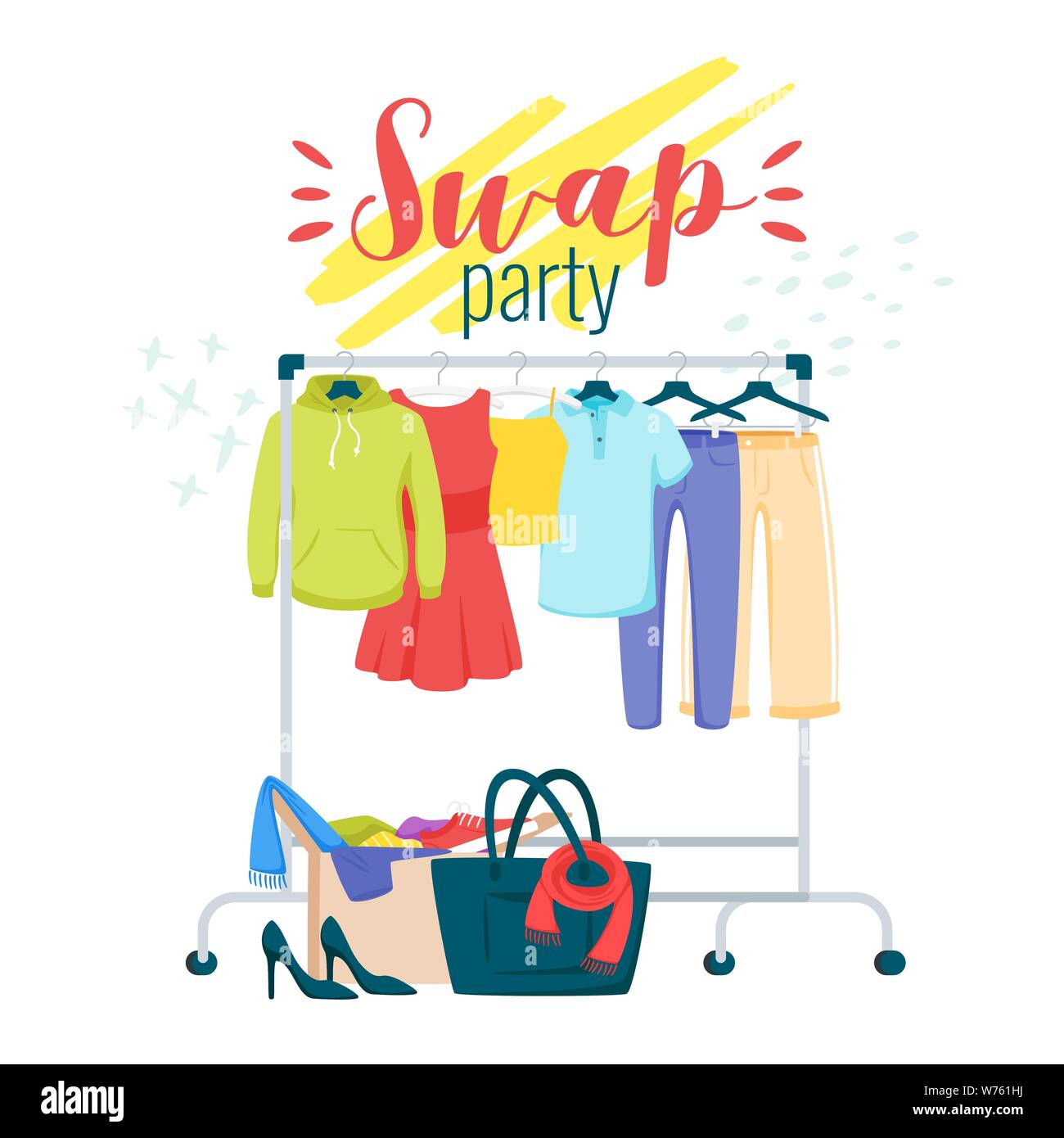 Partie Swap préparation télévision vector modèle d'affiche. L'échange de vêtements, de vêtements. À la mode, tenue élégante choix. Boutique de vêtements sales, transactions. Thr Illustration de Vecteur