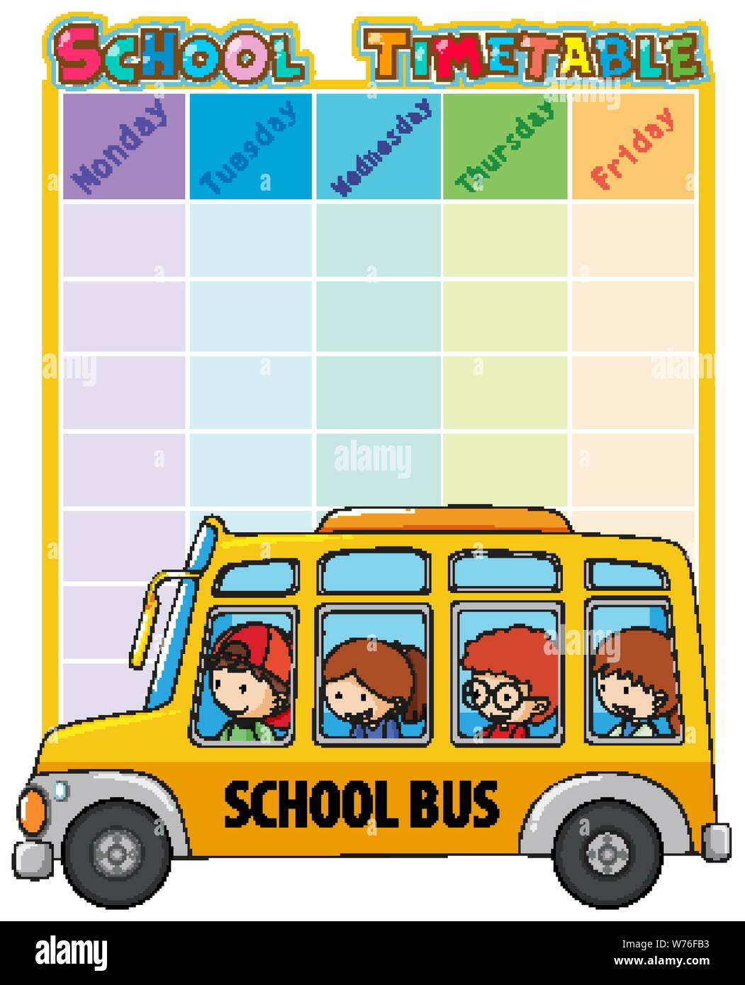 Modèle de l'horaire scolaire avec le bus et les enfants illustration