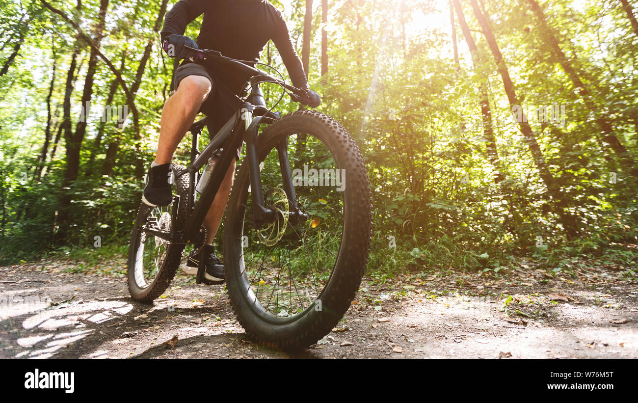 Portrait of cyclist riding bike dans la forêt Banque D'Images
