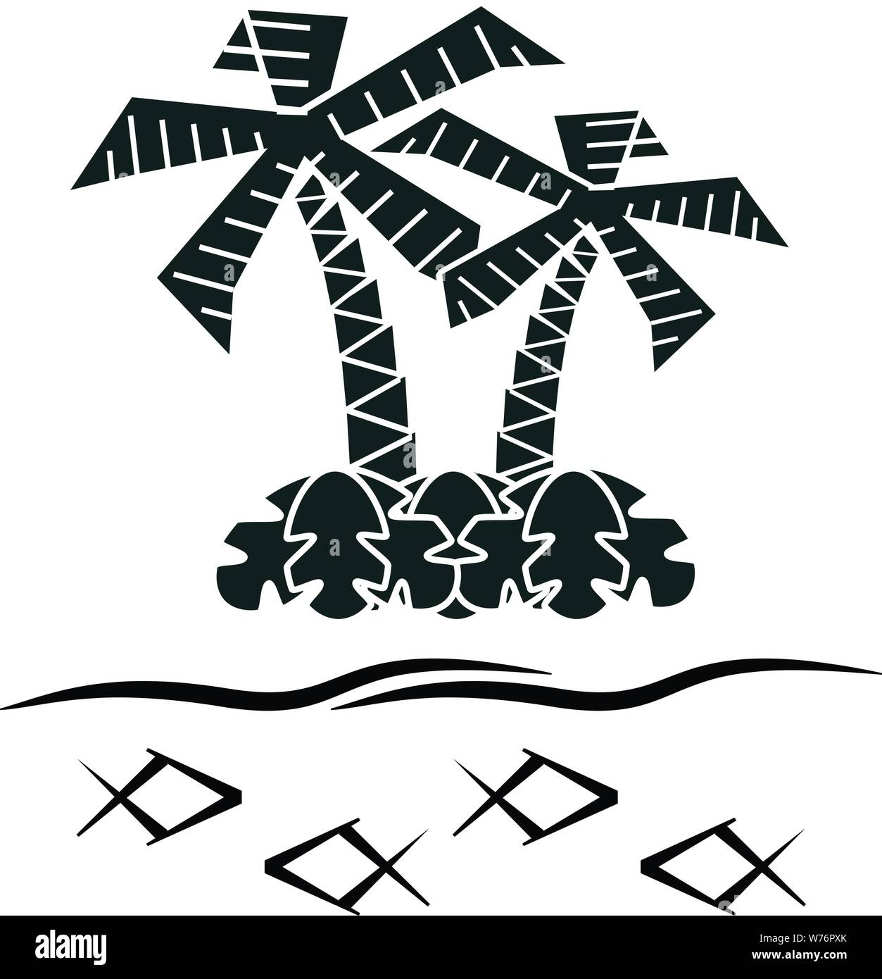 Palmiers tropicaux et sous-bois avec un littoral ondulé & poisson dans une rangée à l'avant-plan. Illustration de Vecteur