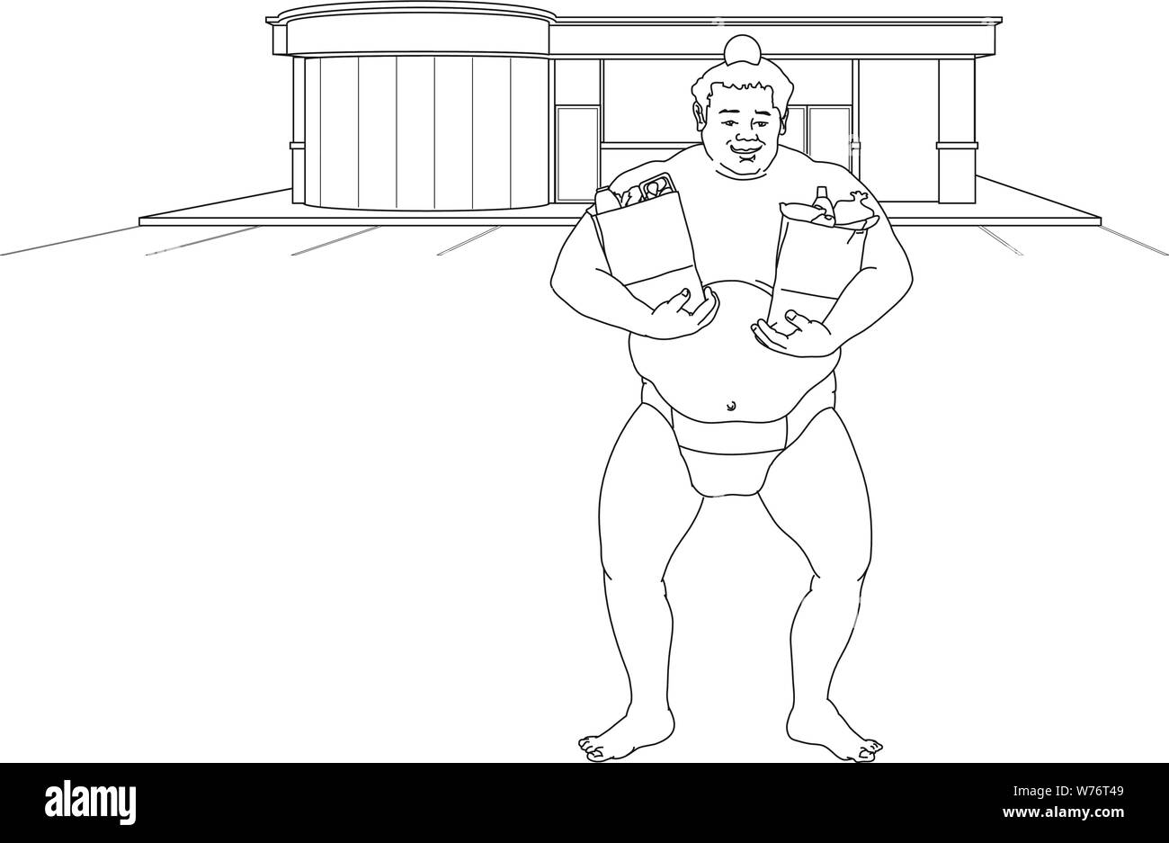 Lutteur de sumo hors magasin rapide tenant deux sacs d'épicerie Illustration de Vecteur