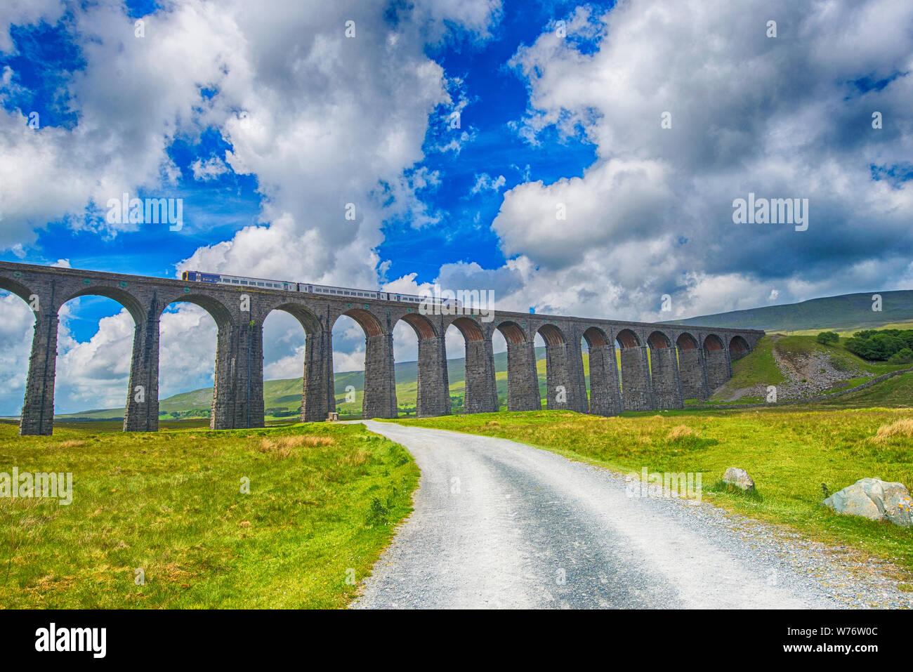 Avis d'un grand ancien viaduc ferroviaire victorien vallée à travers un paysage de campagne en milieu rural avec le train panoramique Banque D'Images