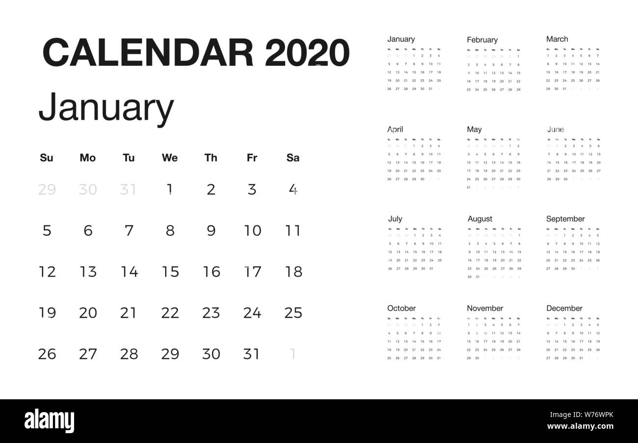 Calendrier de bureau minimaliste de l'année 2020. Conception de calendrier avec le nom anglais de mois et jour de semaines. Vector illustration Illustration de Vecteur