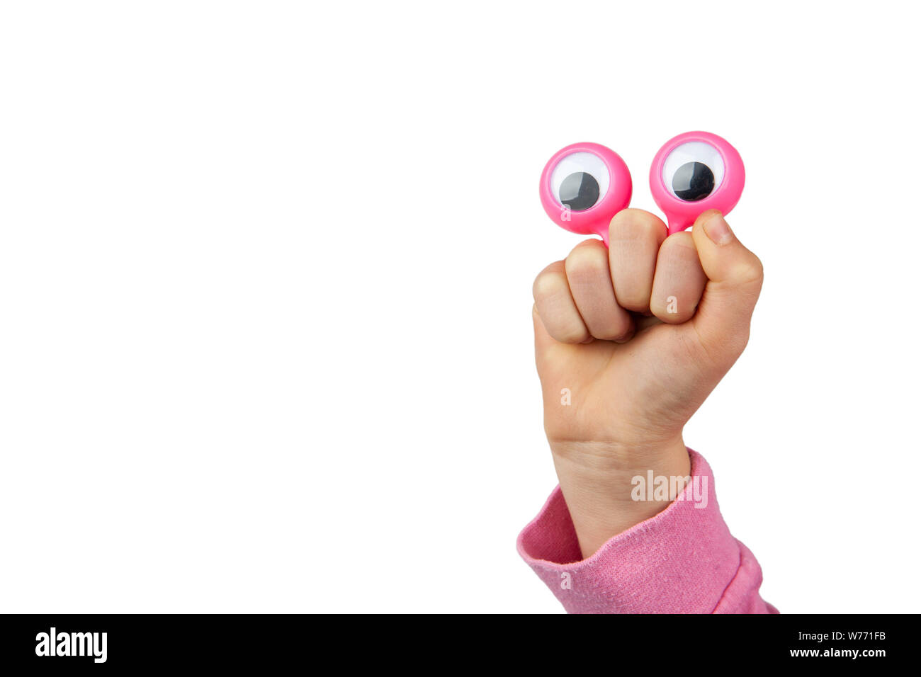 Depiced drôle personnage amusé avec les yeux et couinent childs hand isolated on white background with copy space Banque D'Images
