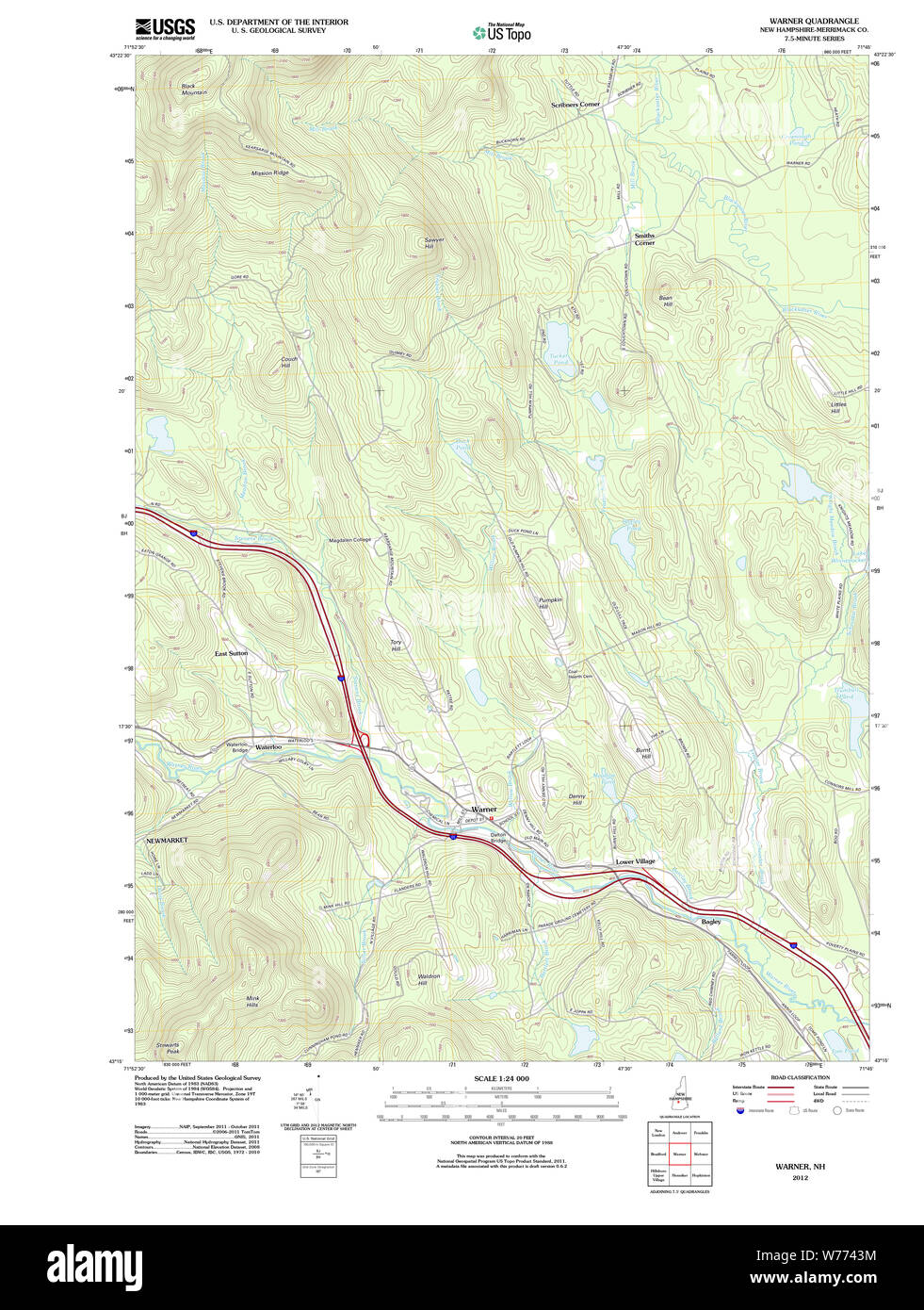 Carte TOPO USGS New Hampshire NH Warner 20120608 Restauration TM Banque D'Images