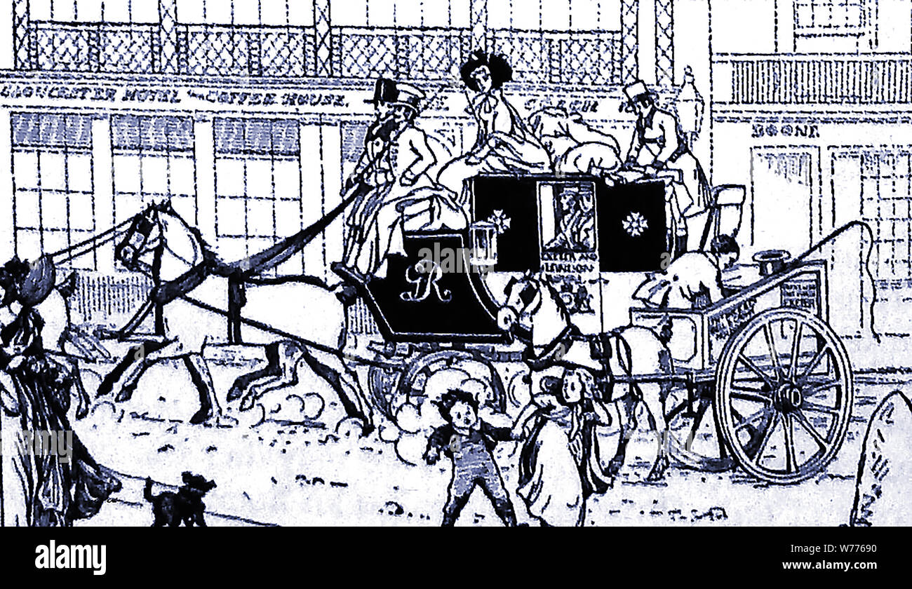 Une vieille illustration de l'Exeter Mail Coach ,surnommé le Quicvsilver' en dehors de la Gloucester Hotel & Coffee House, Piccadilly, Londres. Cela a été l'entraîneur qui a été attaqué par une lionne Winterston Hut (maintenant le Pheasant Inn) près de Salisbury, dans la nuit du dimanche 20 octobre, 1816. Banque D'Images