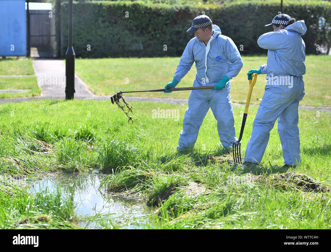 La recherche des agents de police dans les jardins de Waltheof Tottenham, au nord de Londres après un 89-year-old woman a été trouvée assassinée dans sa propre maison. Banque D'Images