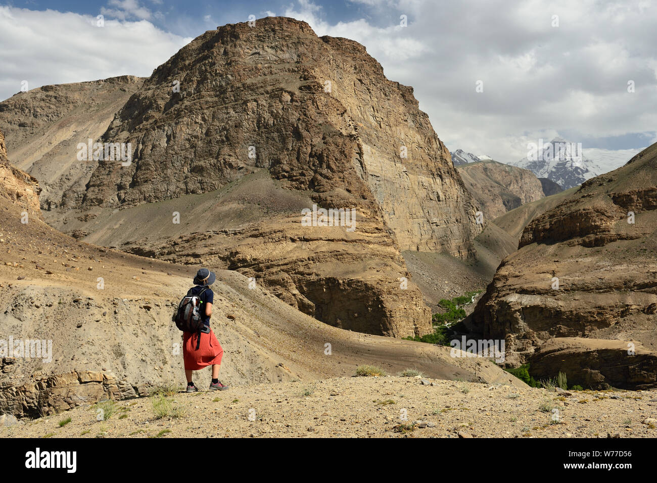 Vue sur la vallée de Shakhdara à distance dans les montagnes du Pamir, au Tadjikistan, en Asie centrale. Banque D'Images