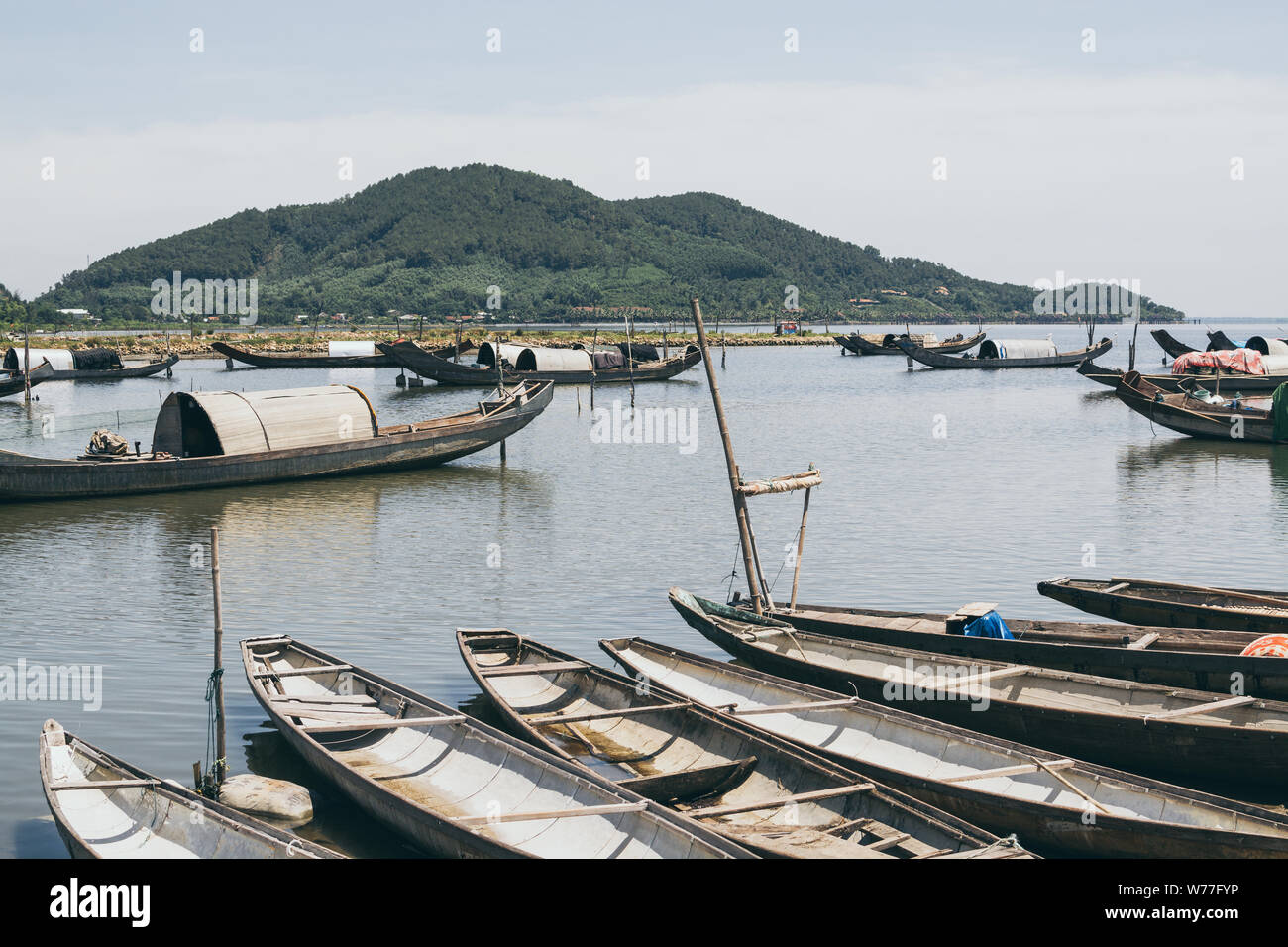 Les bateaux de pêche traditionnels vietnamiens avec toits ovale, Vietnam Banque D'Images