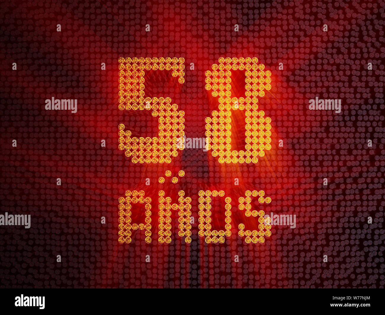 Inscription en espagnol. nombre d'or de cinquante-huit ans (58 ans) Nombre de polices en pointillés, vue du dessus, avec les rayons lumineux. Traduit de l'Espagnol - ans. Banque D'Images