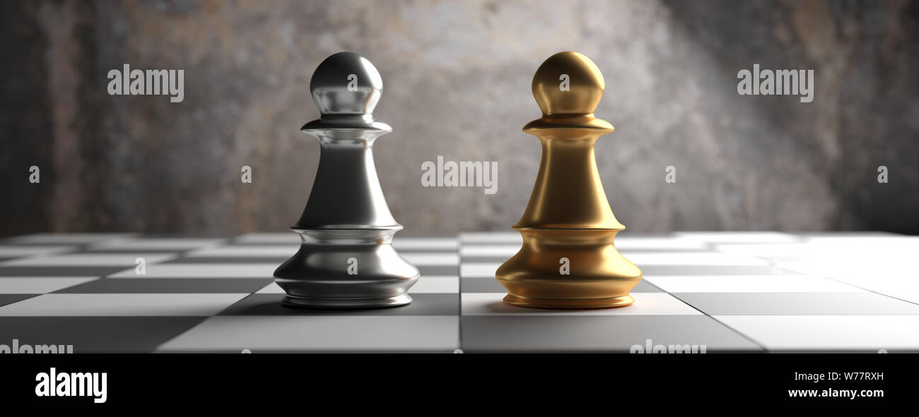 Les joueurs de jeu. L'or et l'argent des pions d'échecs debout sur un arrière-plan en échiquier, bannière. 3d illustration Banque D'Images