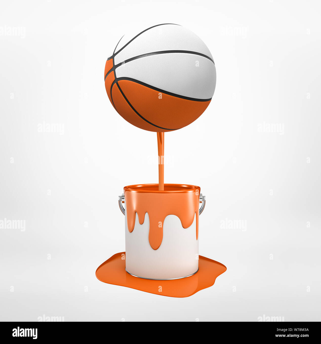 Le rendu 3D de basket-ball de couleur qui a été trempé dans la peinture orange et flotte dans l'air, dégoulinant de peinture, sur fond clair. Eq Sports Banque D'Images