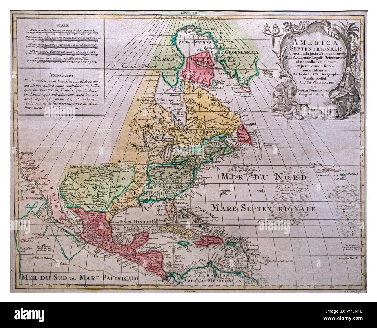 18e siècle Lotter's site America Septentrionalis d'Amérique du Nord, par Guillaume de L'Isle / Guillaume Delisle montrant la Californie comme une île Banque D'Images