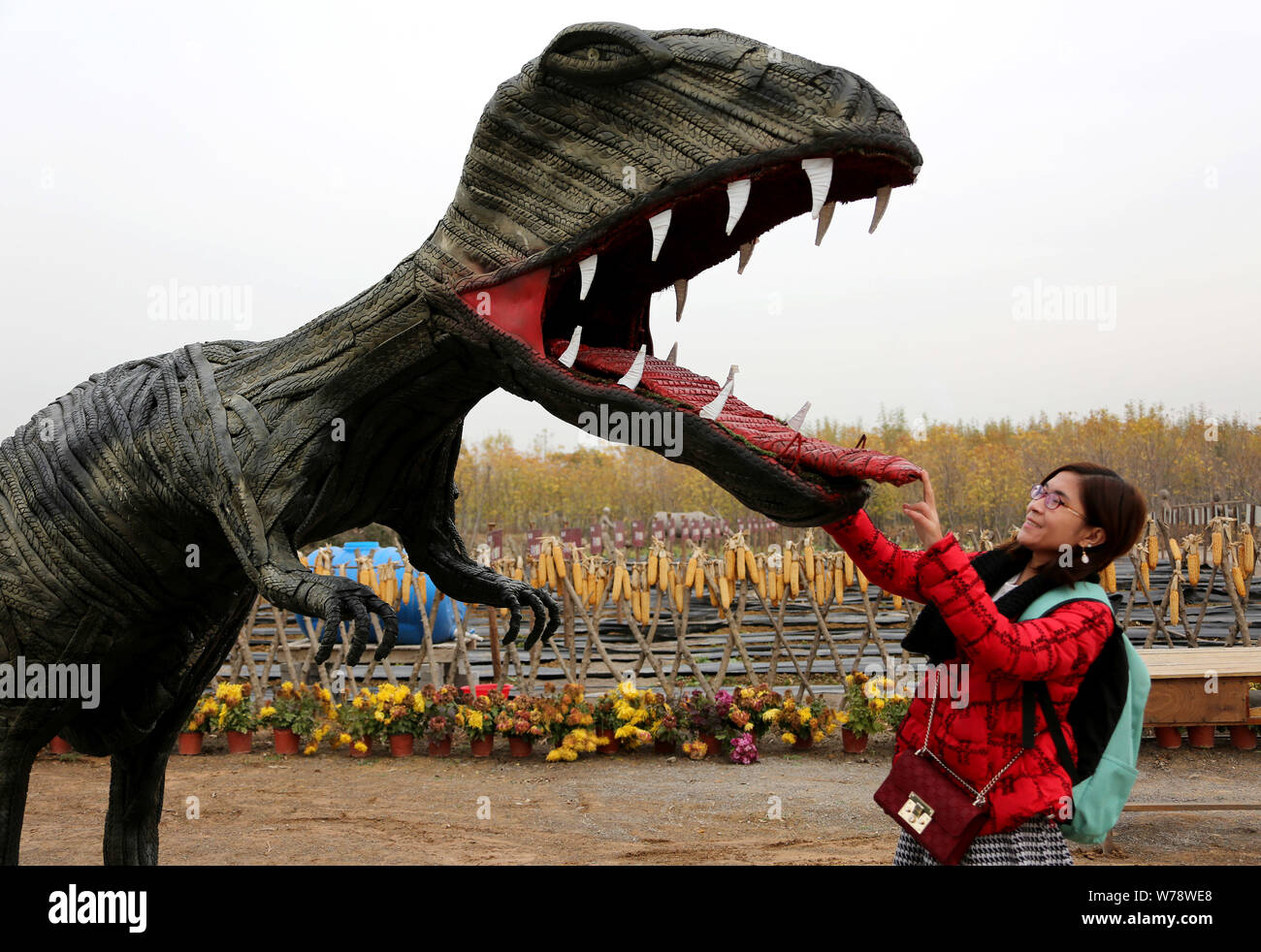 Un visiteur interagit avec un pneu en forme de tyrannosaure sculpture à un parc de sculptures des pneus à Zaozhuang City, Shandong province de Chine orientale, le 19 novembre Banque D'Images