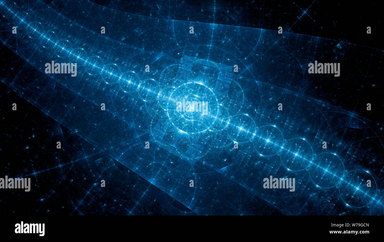 Lumineux bleu cercles multiples dans l'espace, générée par ordinateur résumé fond, 3D Rendering Banque D'Images