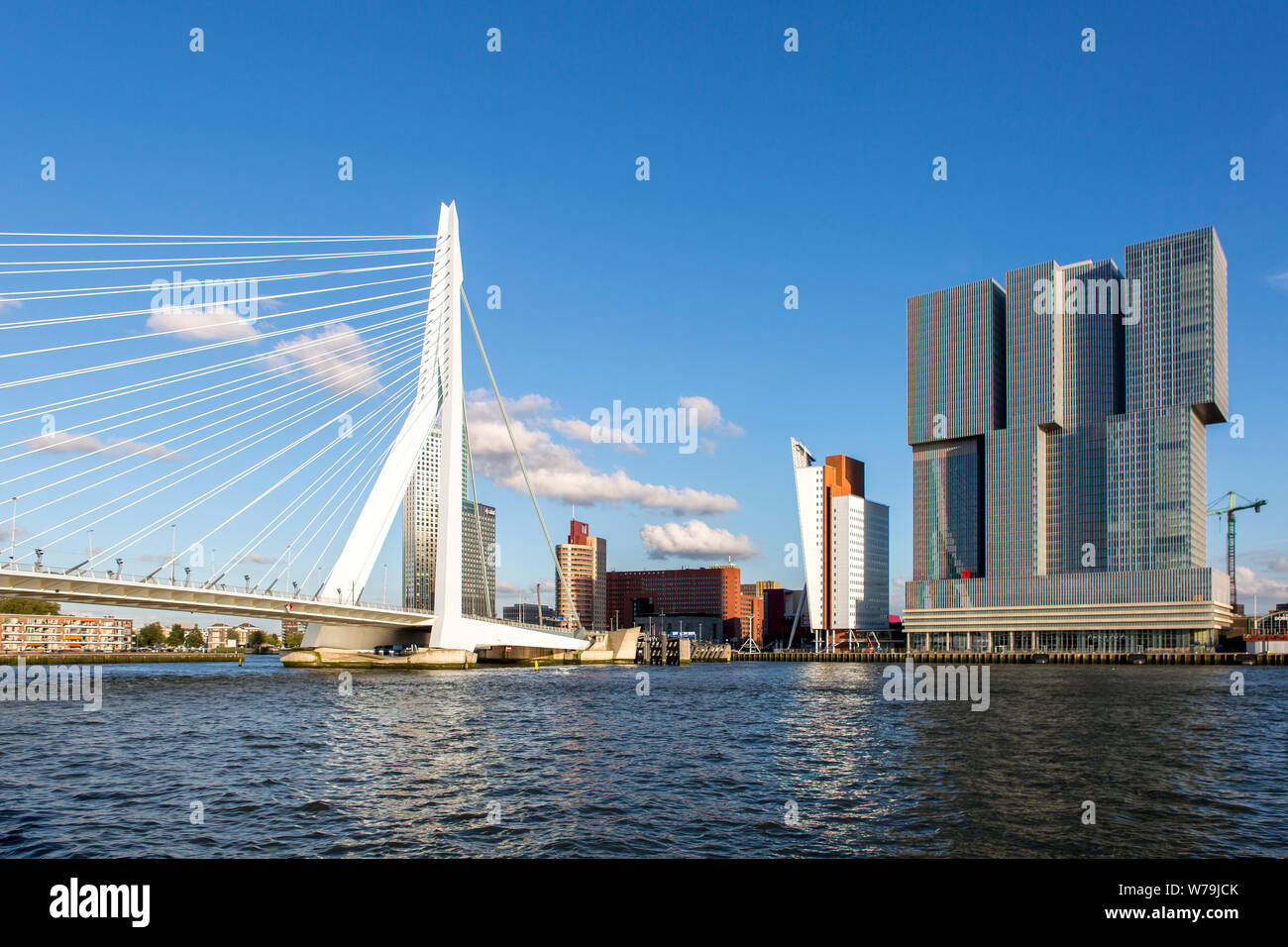 Paysage urbain de la ville hollandaise Rotterdam avec les immeubles de grande hauteur dans le quartier financier et le port avec le pont Erasmus vu de l'eau Banque D'Images