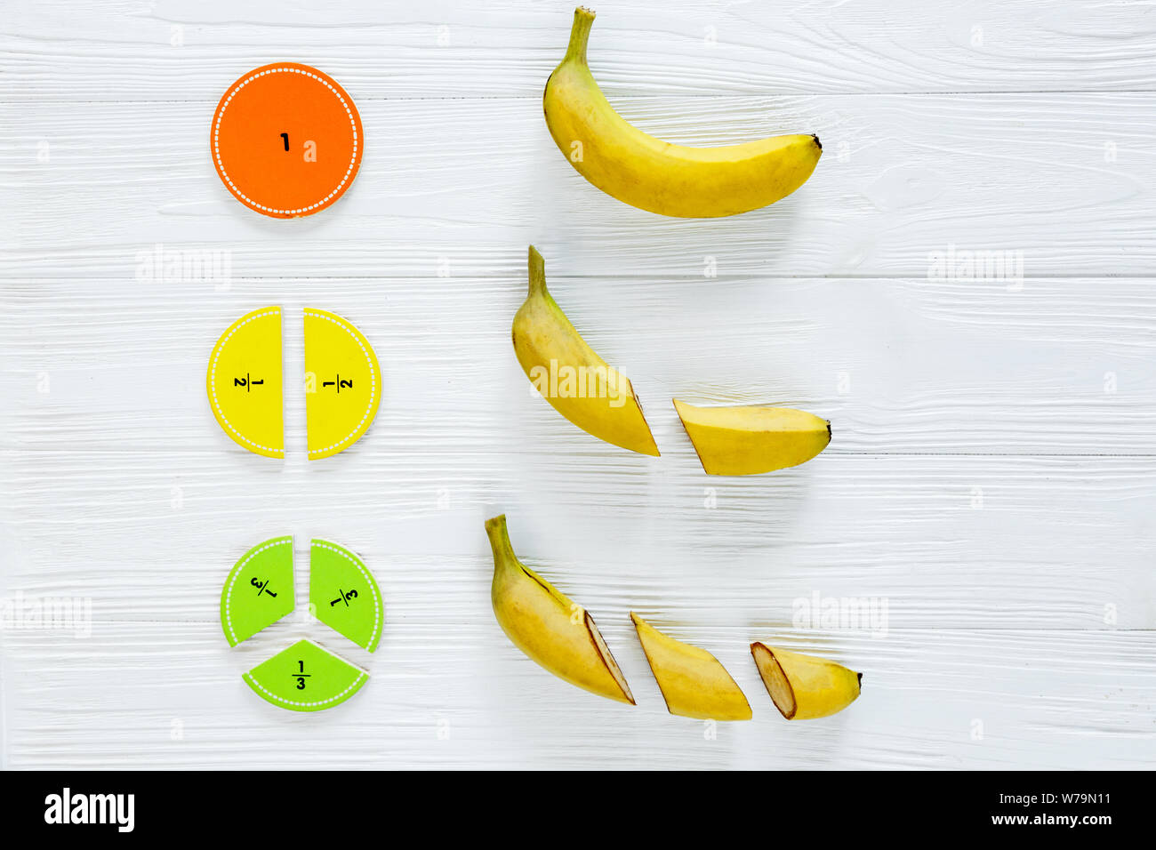 Сolorful fractions mathématiques et la banane comme un échantillon sur fond de bois blanc ou de la table. Mathématiques intéressants pour les enfants. L'éducation, concept retour à l'école. Geo Banque D'Images