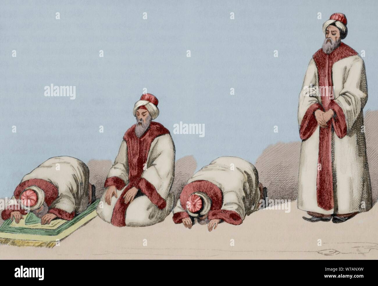 Actitudes de un musulmán durante la oración llamada Namaz. La gravure. Panorama universel. Historia de la France, 1851. Coloreado. Banque D'Images