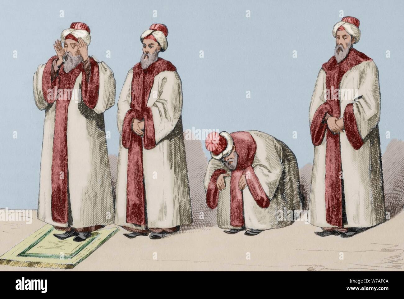 Actitudes de un musulmán durante la oración llamada Namaz. La gravure. Panorama universel. Historia de la France, 1851. Coloreado. Banque D'Images