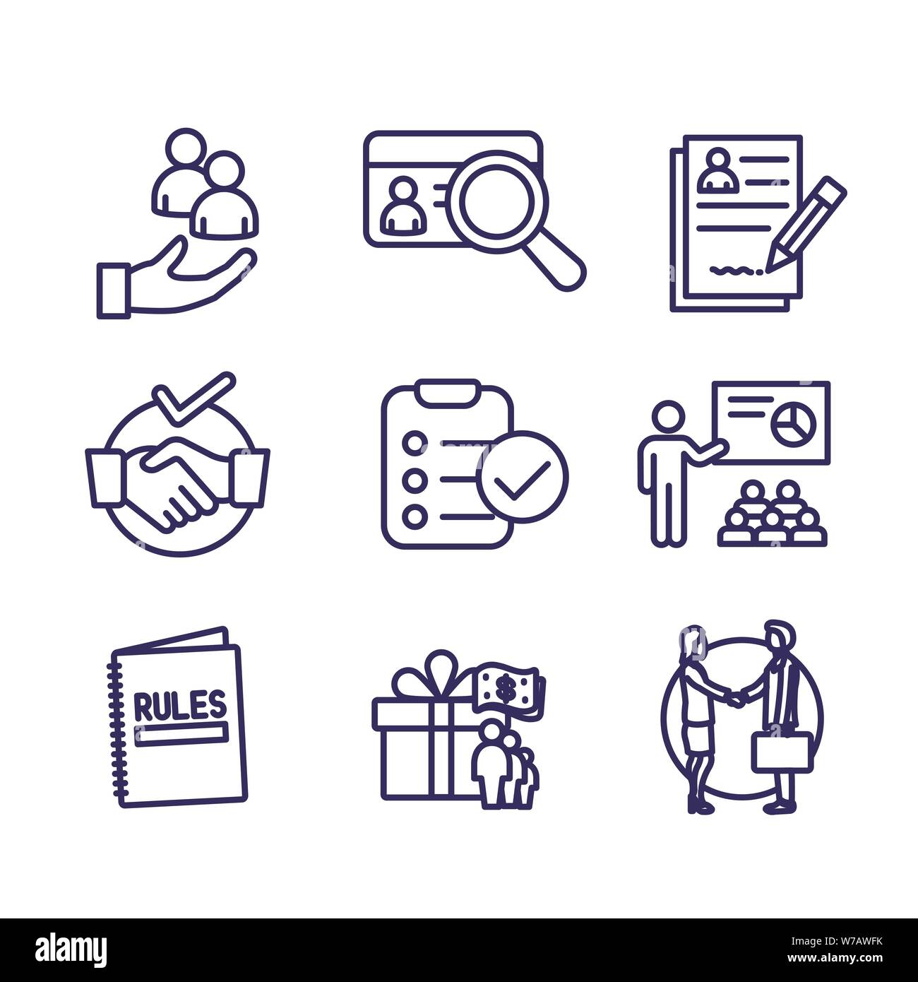 Processus d'embauche icon set et avantages, vérification des antécédents, les présentations, etc. Illustration de Vecteur