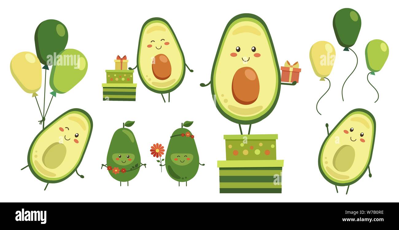 Collection diversifiée de vector cute smiling héros avocat isolé sur blanc. Jeu de caractères des fruits avec le vol des ballons vert-jaune, les cadeaux dans les cases Illustration de Vecteur