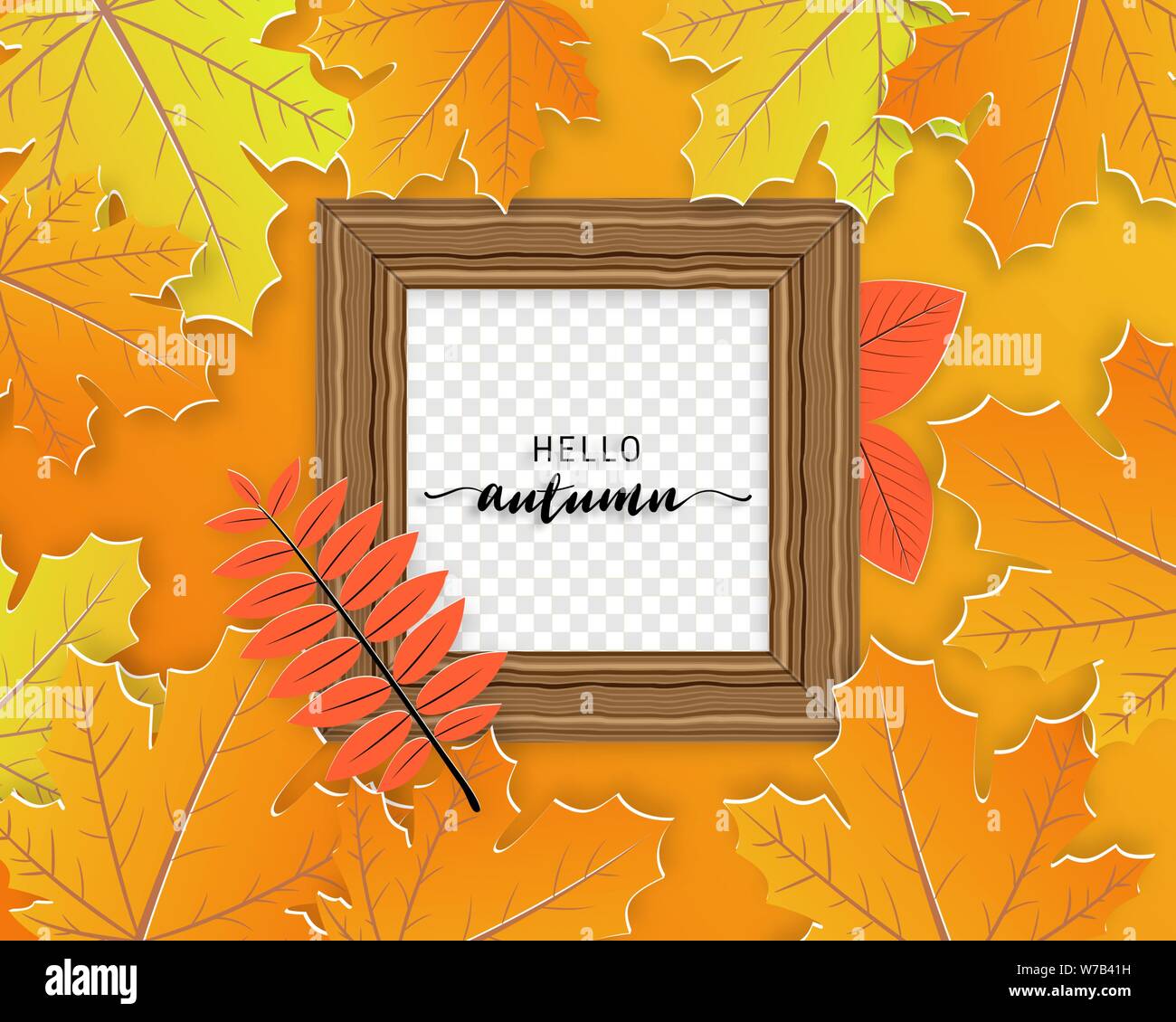 Feuilles d'automne avec châssis de l'arrière-plan en coupe du papier. Pour concevoir une affiche, dépliant, brochure, bannière, couverture, papier peint, modèle de publicité. Illustration de Vecteur