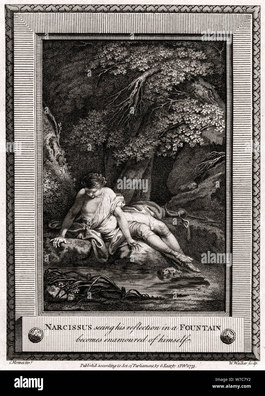 Narcissus 'voir son reflet dans une fontaine devient de lui-même enamourd', 1775. Artiste : W Walker Banque D'Images