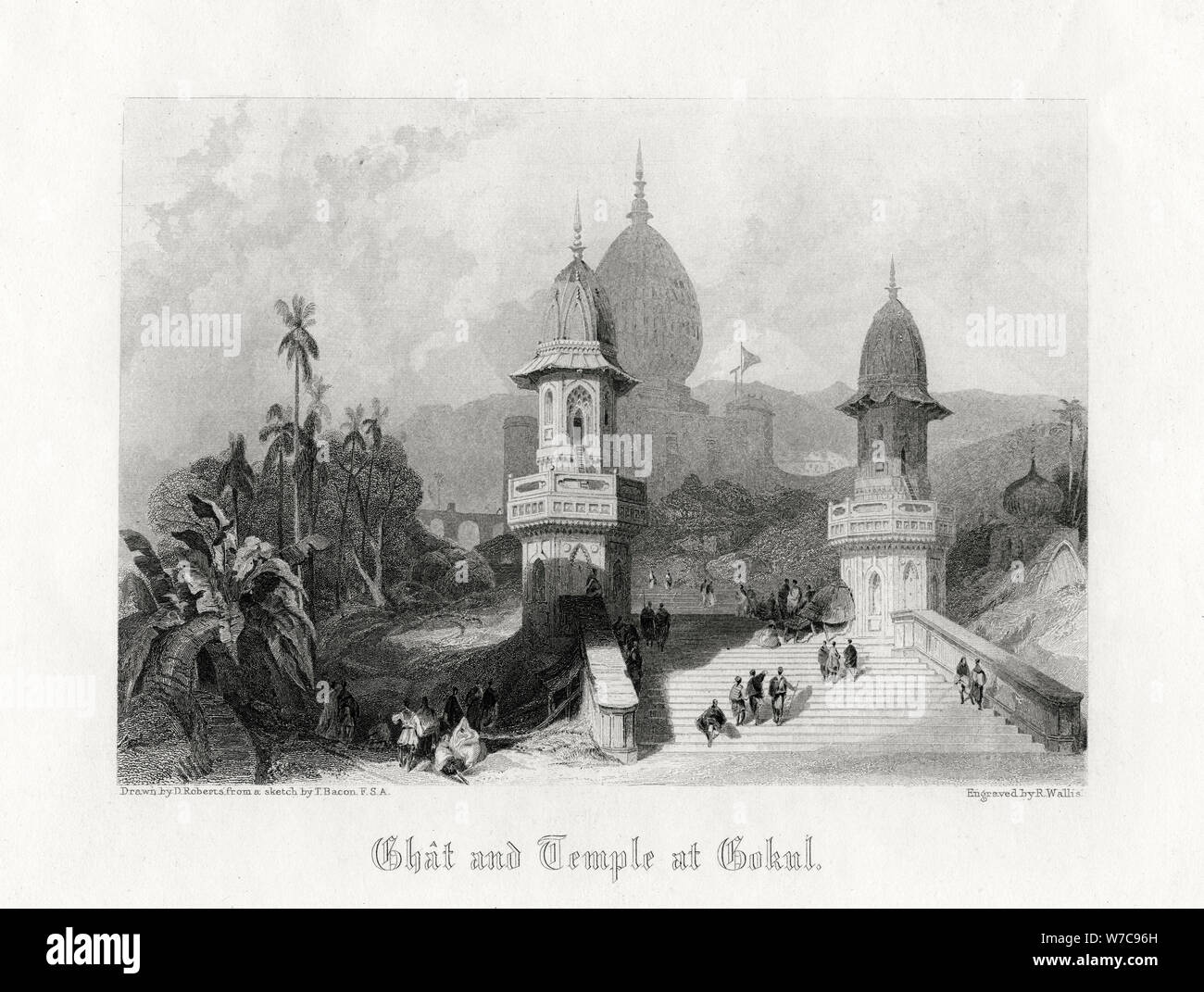 'Ghat et Temple à Gokul', l'Inde, c1838.Artiste : R. Wallis Banque D'Images